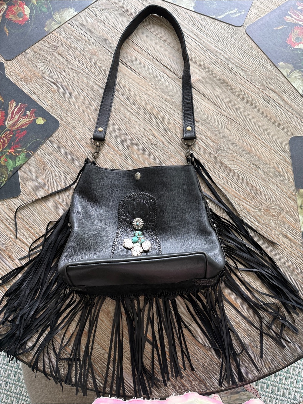 Two Bar West Round Top, TX HUGE Fringe Black Leather Shoulder Bag McFadin Texas